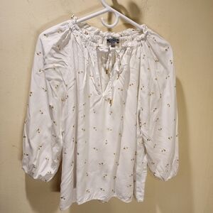 Alex and Parker Withe with Golden Shoes Tie Neck Boho Blouse size L